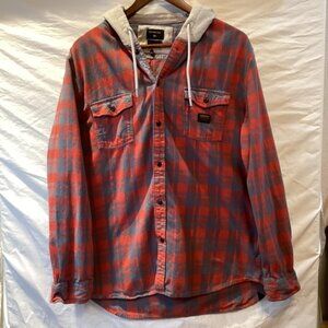Quicksilver Men's Hooded Flannel Shirt Orange/Gray 46"Cx29"Lx25"Sleeve‎ XL
